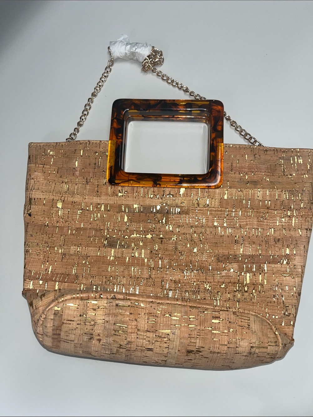Source Unknown Cork Tote w Tortoiseshell Lucite Handle Gold Tone Chain